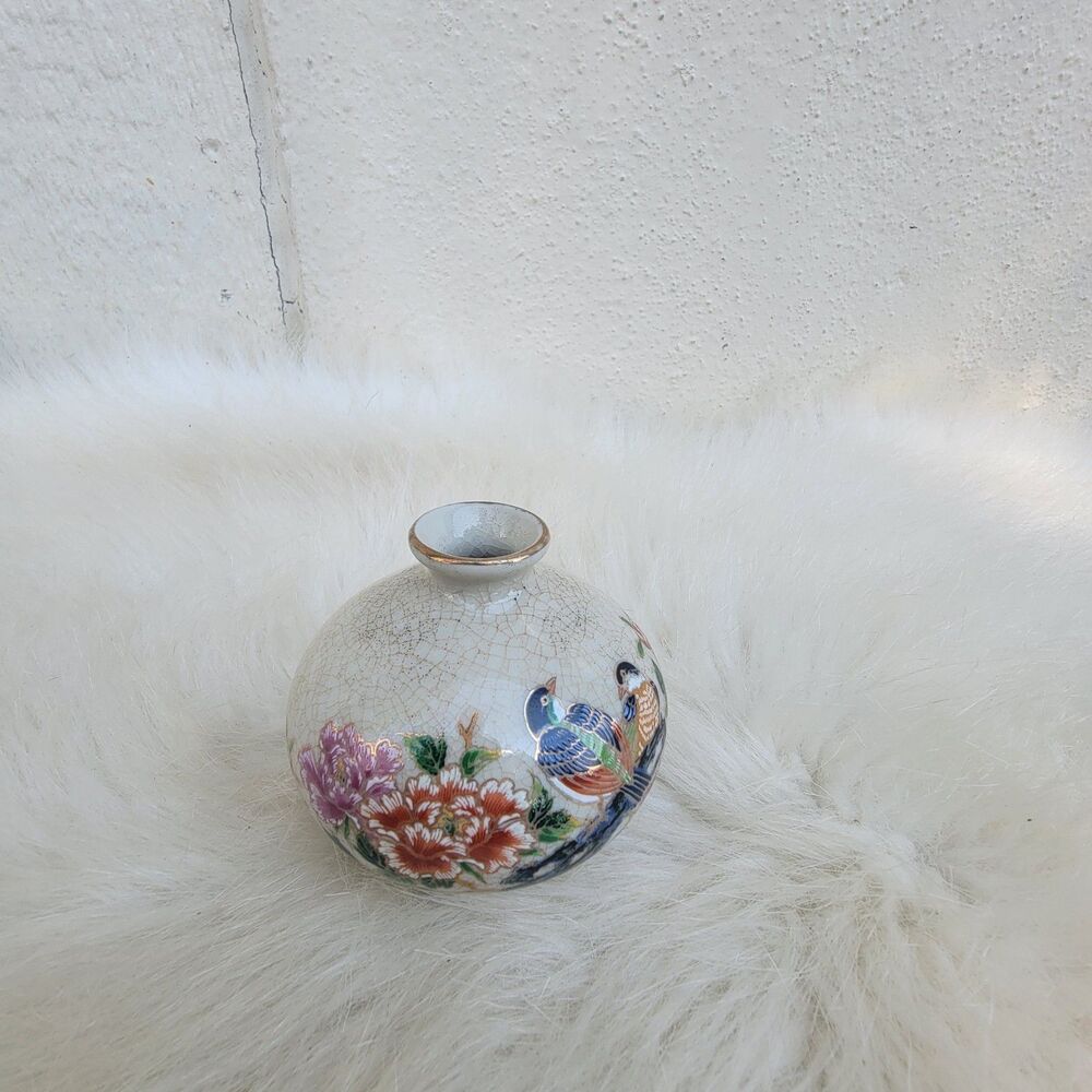 vintage Japanese porcelain miniature crackle vase bird floral print 3 Inch